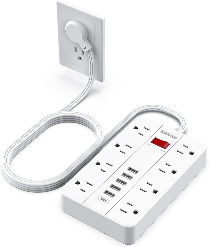 SMNICE موزع طاقة مع USB، واقي من زيادة التيار مع قابس مسطح يحتوي على 8 مآخذ متباعدة و 6 منافذ USB (1 USB C)، سلك تمديد بطول 5 أقدام قابل للتعليق على الحائط للهواتف والأجهزة اللوحية وأجهزة الكمبيوتر المحمولة والعديد من الأجهزة - Image 1